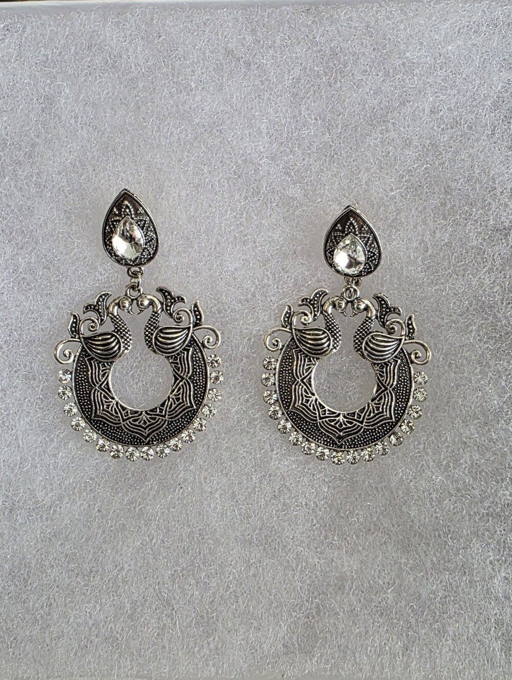 Silver-Tone Filigree Crystal Hoop Drop Oxidized Earrings - Women Jewelry